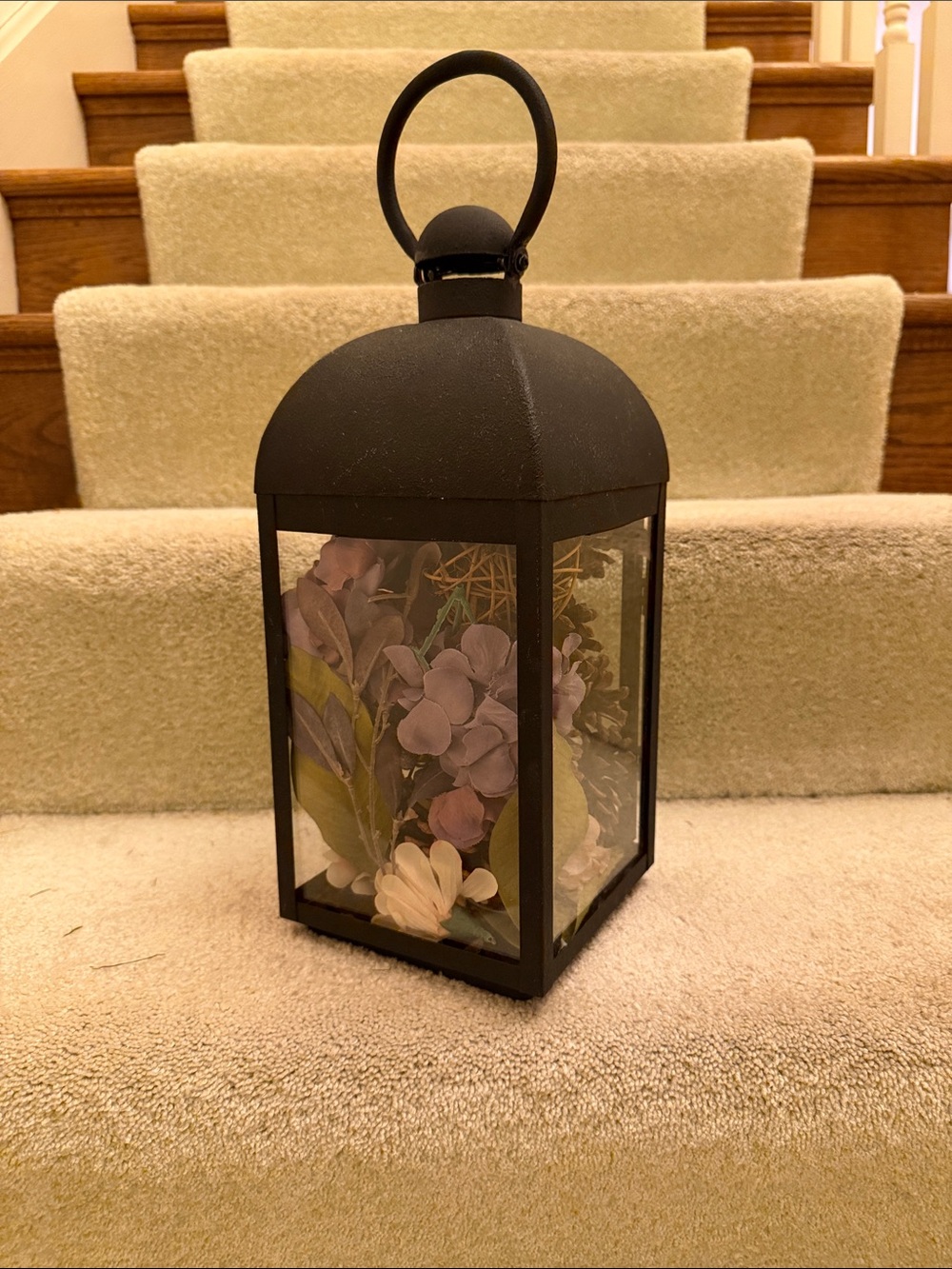 Black Metal Lantern with Purple Floral Insert - Home Accents